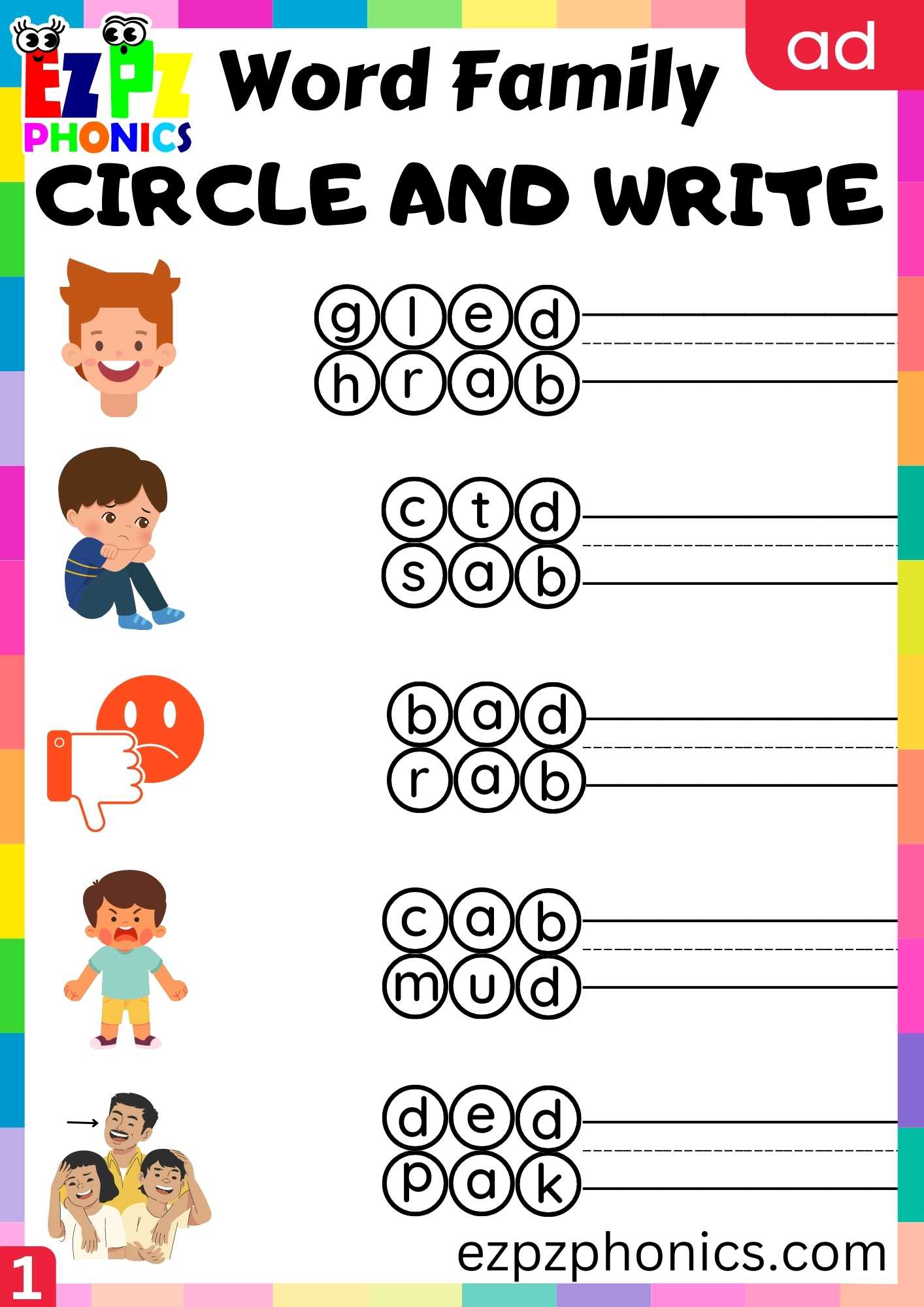 AD Words Circle And Write Phonics Word Families Worksheet